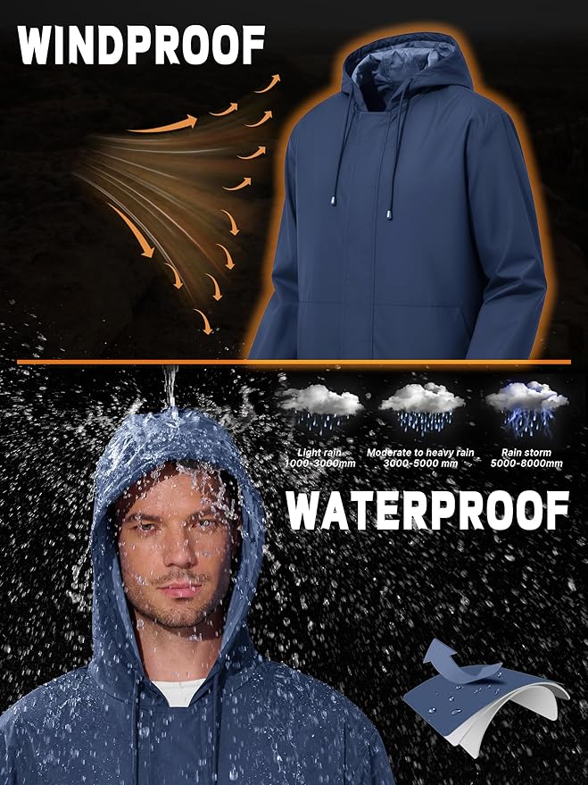 Men's Rain Jacket Waterproof Windbreaker Raincoat Cycling Running Hiking Golf Travel Gear Hood Lightweight Packable