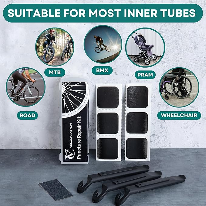 VeloChampion Puncture Repair Kit | Self-Adhesive Bike Tyre Patches for Road, MTB, BMX, Ebike| Travel Size Bicycle Puncture Repair Kit | 6, 10 or 40 Pack + Optional Tyre Levers