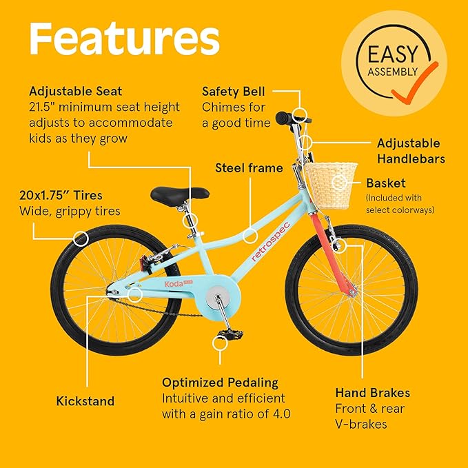 Retrospec Koda Plus Kids Bike for Boys & Girls Ages 6-8 Years - 20" Children's Bicycle, Adjustable Seat & Handlebars