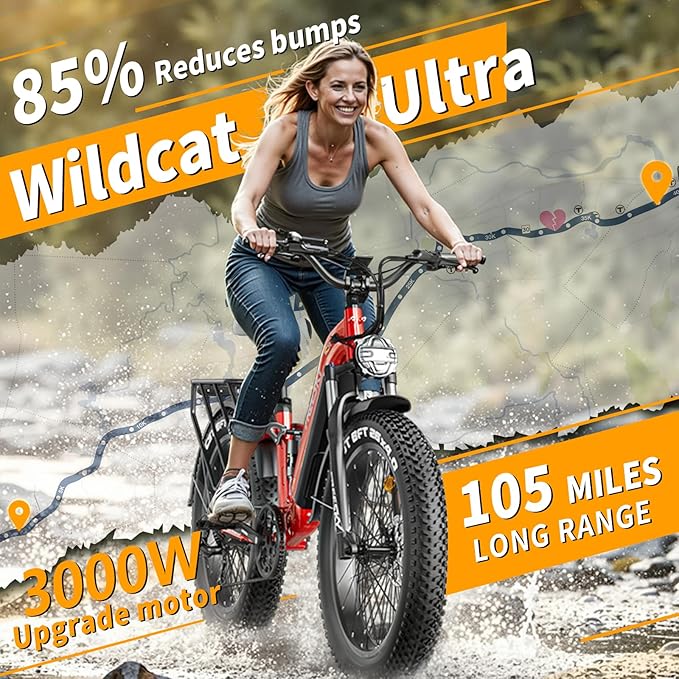 FREESKY Wildcat Ultra 3000W Electric Bike for Adults 105mile Long Range Step-Thru Ebike Motor 37MPH Dirt E Bike 25Ah Samsung Battery 26'' Fat Tire Electric Bicycle Full Suspension for Commute