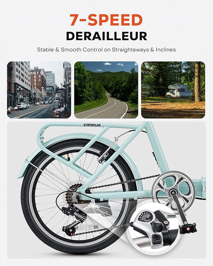 VIRIBUS Folding Bike, 20 inch Lightweight Foldable Bike for Adults 7 Speed with Aluminum Frame, Basket & Rear Rack, Step Through Collapsible Bike for Women Men Seniors City Commuter