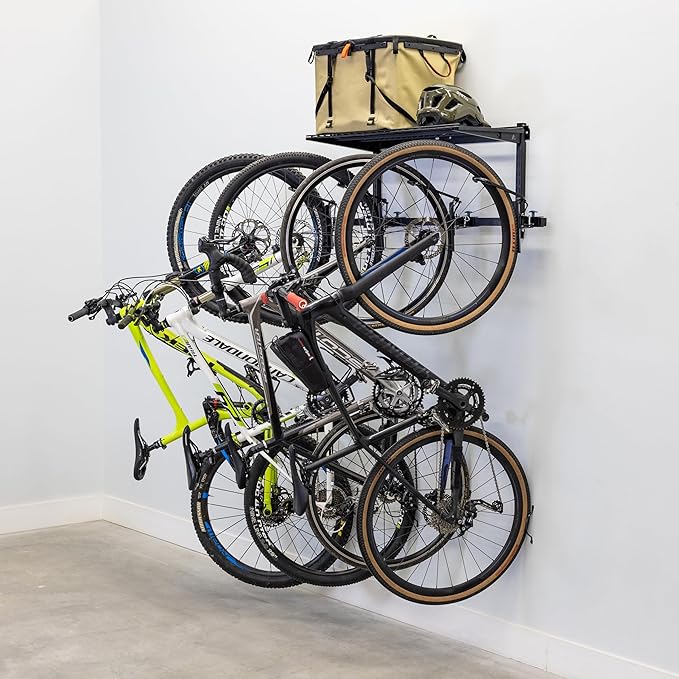 Teal Triangle G-Swivel Wall Mount Bike Rack for Garage - Premium Bicycle Stand & Hanger with Shelf - Adjustable Bike Hanger for Garage with Rotating Hooks - Indoor Bicycle Rack System for 4 Bikes