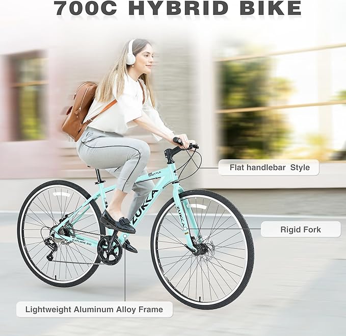 7 Speed Hybrid Bike, Aluminum Alloy Frame, Double Disc Brakes, 700C Road Bike, Fast Acceleration, Suitable Aerodynamic Riding Position for Men and Women City Bicycle