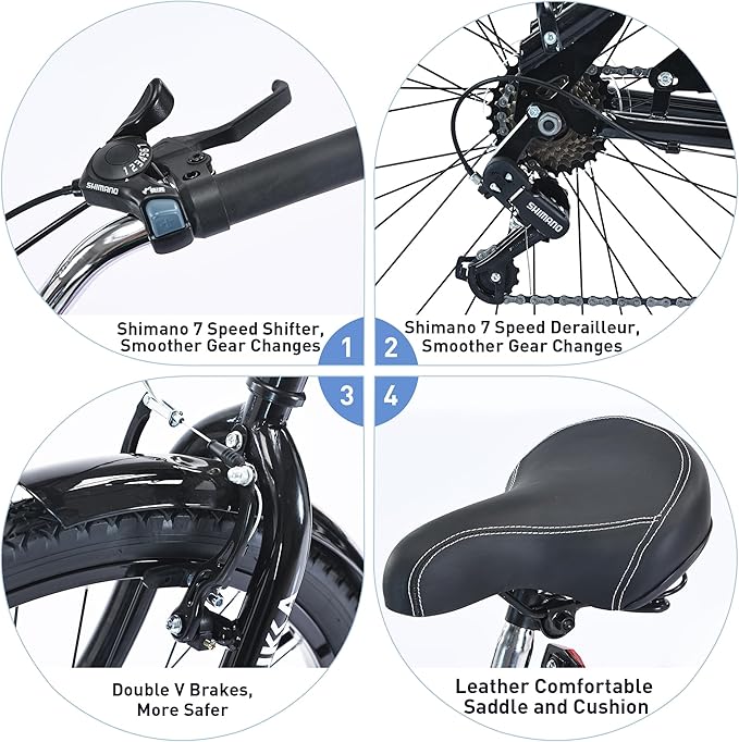 26 Inch Beach Cruiser Bike for Women/Girls/Men/Senior/Adults, City Hybrid Bike 7 speeds Steel Frame Commuter Bike for Women Men Senior, 7 Colors