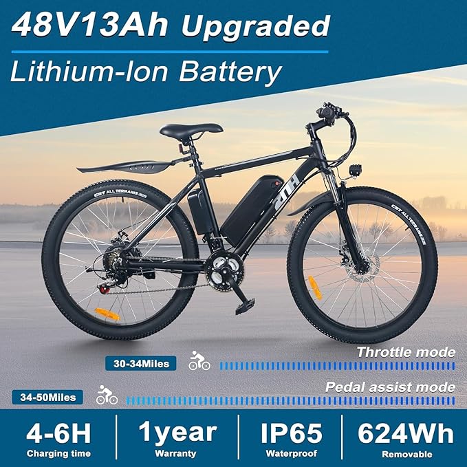 ZNH 750W|1000w Electric Bike for Adults, 48V 13Ah Removable Battery, 26" Electric Mountain Bike, Up to 60 Miles, 7-Speed Ebike, Hydraulic Suspension, LCD Display, UL2849 Certified, TUV