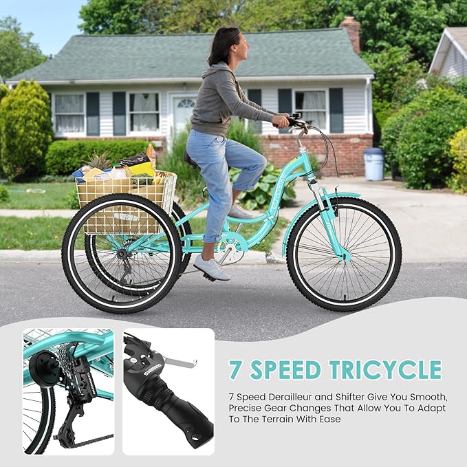 LILYPELLE Adult Folding Tricycles, 7 Speed Folding Adult Trikes, 20/24/26 inch 3 Wheels Bikes with Low Step-Through, Large Basket, Foldable Tricycle for Adults, Women, Men, Seniors