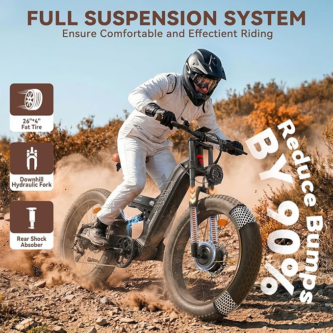 FREESKY 4000W Dual Motor Electric Bike for Adults, 48V 30AH Samsung Cells Battery 120Miles Range, 40MPH AWD Fast E-Bike, 26" Fat Tire Full Suspension Electric Mountain Bike, UL2849 Certified by TÜV