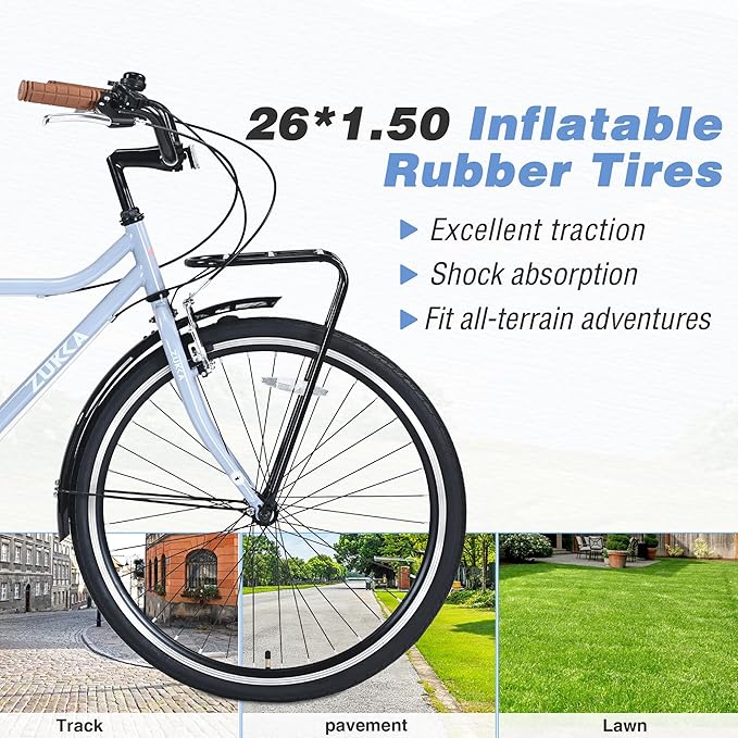 Vintage Style 26 Inch Adult Cruiser Bicycle Hybrid Bike 7 Speeds Commuter Bike for Women, Men, Seniors, SHMANO Shifter and derailleur Step-Over Steel Frame,Double Cargo Rack，4 Colors