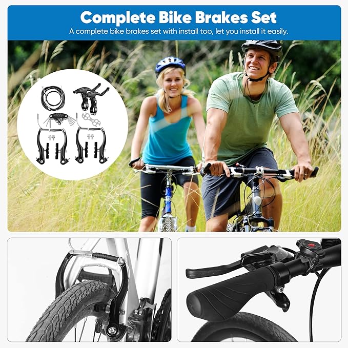 V-Type Bike Brake Set, Complete Universal Bike Front and Rear MTB Brake, Bicycle Brakes, Inner and Outer Cables, Include Brakes Lever Calipers Multi-Tool Wrenches