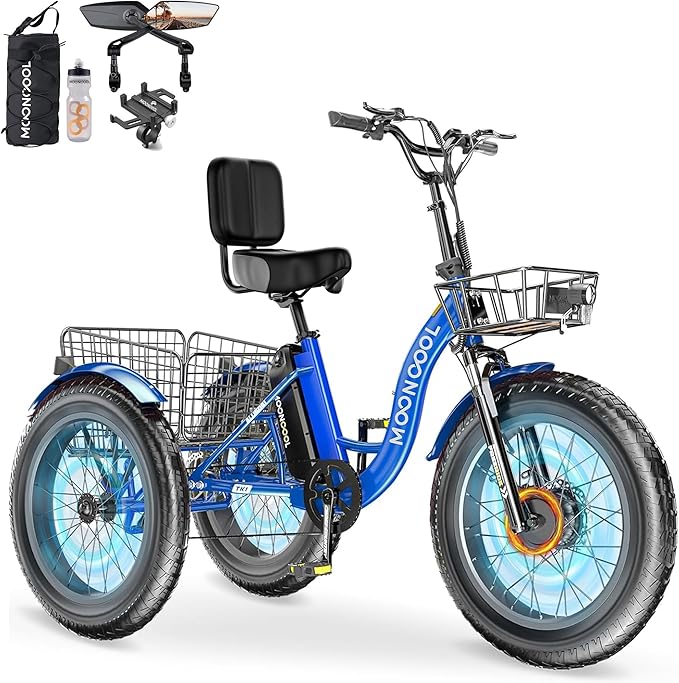 MOONCOOL 1000W 4" Fat Tire Electric Tricycle for Adults, 48V 14.5Ah All-Terrain Aluminum 20" E-Trike, Front Suspension, 7-Speed, 400lbs Max Payload