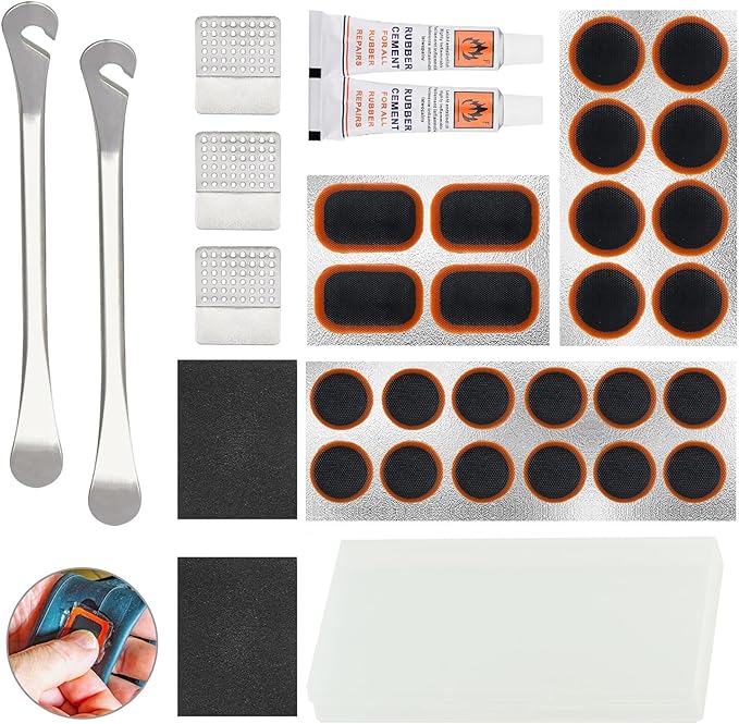 Bike Inner Tire Patch Repair Kit, with 24 PCS Vulcanizing Patches, Metal Rasp and 2 Premium Stainless Steel Levers - Also for Road Mountain Bicycle Trave (White Adhesive Upgraded Version)