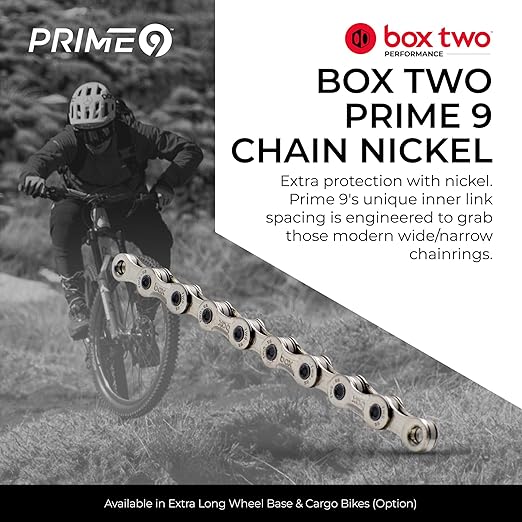 Box Two Prime 9 Mountain Bike Chain 126L Finish Nickel E-Bike/Non E-Bike Single Speed Bicycle Chain Mountain Racing Cycling | MTB 11/12 Speed Wide Narrow/BMX 3/32”