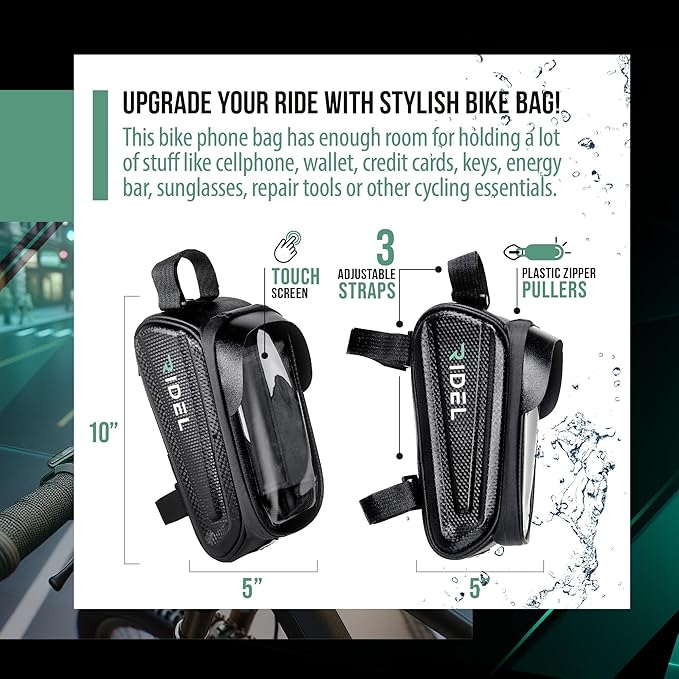 Ridel Bike Phone Holder Bag with Sensitive Touch - Upto 6.8" Waterproof Front Frame Phone Holder for Bike - Bike Bag with 3 Adjustable Straps & Headphone Hole