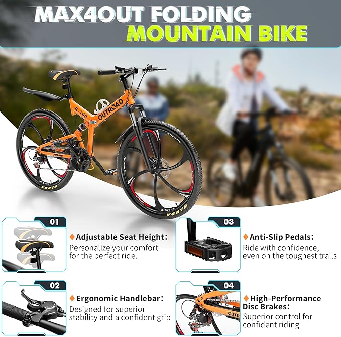 26 Inch Folding Mountain Bike, 21 Speed Full Suspension Bicycle Dual Disc Brake Non-Slip Quick Release tire for Adults Men Women(Balck/Pink/Green/Orange/White/Purple)