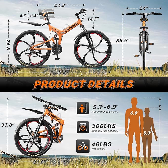 26" Foldable MTB – 21-Speed Full Suspension, High-Carbon Steel Frame, Dual Disc Brakes & Quick-Release Tires – Adults & Teens (Multiple Colors)