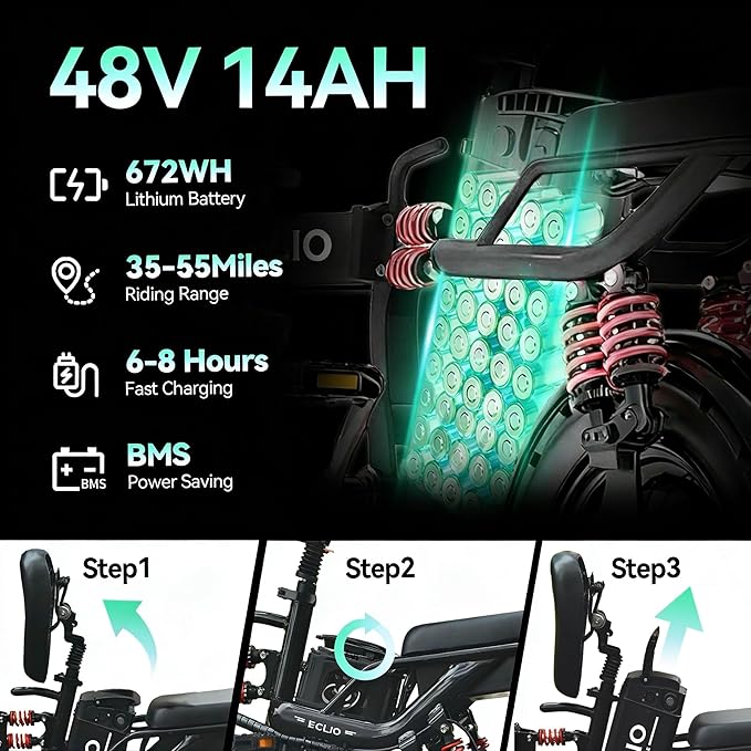 Folding Electric Bike for Adults, Peak 800W Motor 25MPH, 48V 14Ah Removable Battery 35-55Miles Ebike,14'' Lightweight & Portable Adults Electric Bicycles for Men/Women/Teens