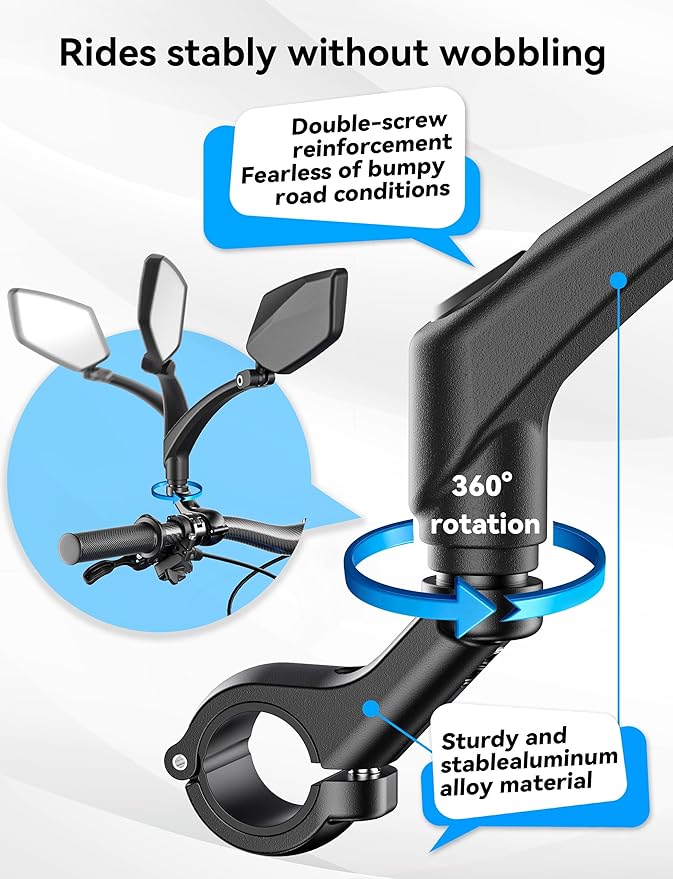 Bike Mirror Handlebar Mount 360° Adjustable and Rotatable, Wide Bicycle Mirrors for Handlebars with Long Arm, Safe HD Bike Rear View Mirror for Scooter, Motorcycle, Foldable Ebike Accessory Right