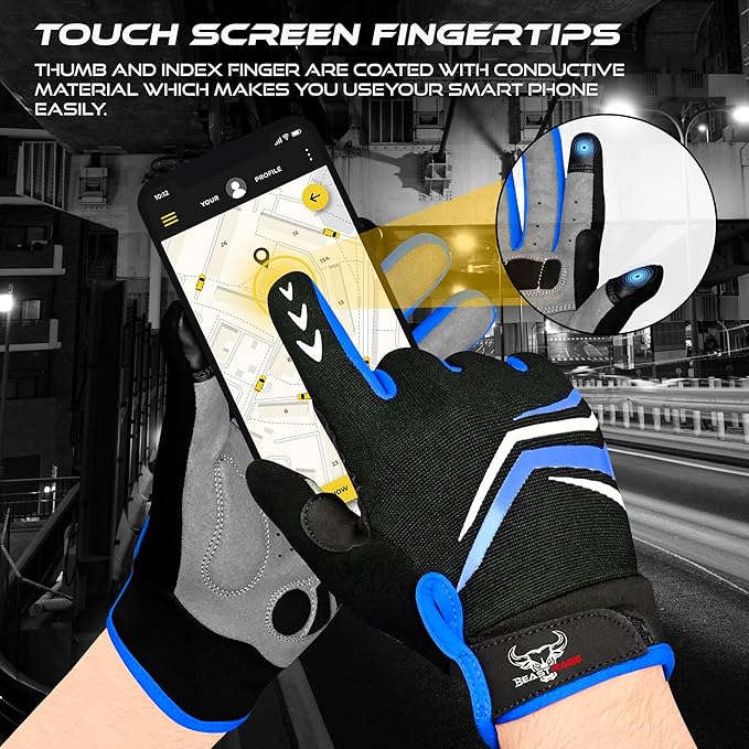 BEAST RAGE Full Finger Cycling Gloves with Padding for Men Women, Anti-Slip, Shock Absorbing, Breathable, Touchscreen Mountain Bike Gloves for BMX, MTB Riding, Road Racing, Bicycle