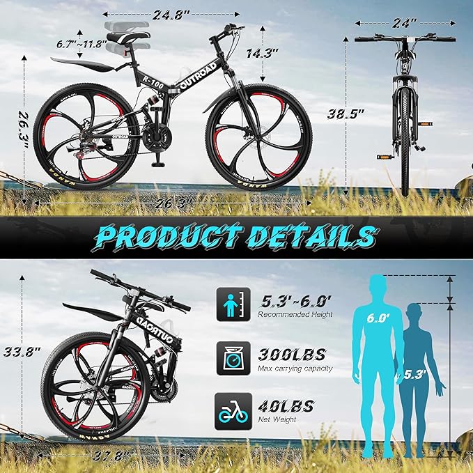 26" Foldable MTB – 21-Speed Full Suspension, High-Carbon Steel Frame, Dual Disc Brakes & Quick-Release Tires – Adults & Teens (Multiple Colors)