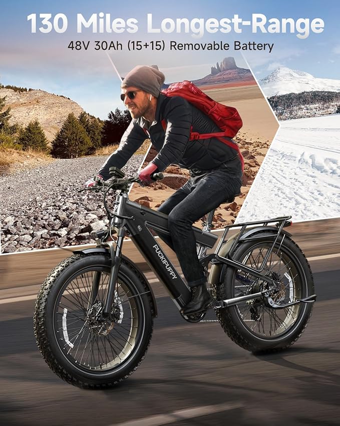 PUCKIPUPPY 1350W Electric Bike for Adults, 130 Miles Dual 48V 30Ah Long Range Ebike with Torque Sensor | 28MPH | 8-Speed | 26"x4" Fat Tires | Full Suspension | Long-Distance Travel (Bulldog Pro)