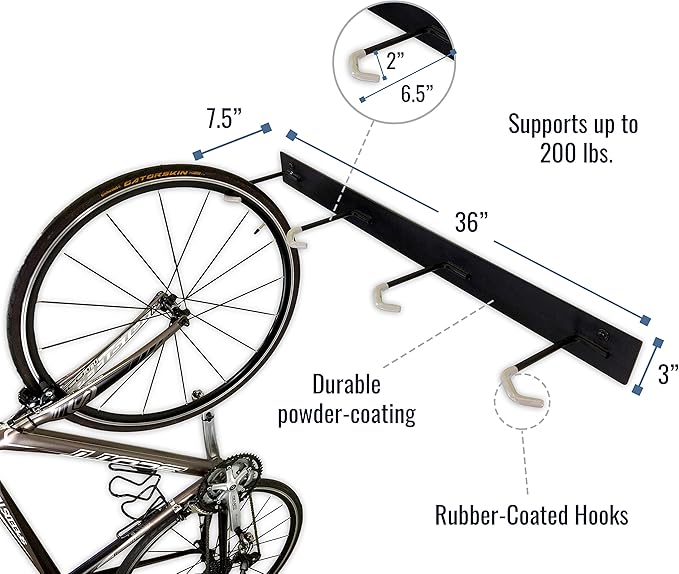 StoreYourBoard Virginia Bike Co BLAT 8 Bike Racks, Garage Wall Mount Bike Storage, Heavy Duty Solid Steel Bike Hooks, up to 400lbs, 72-inch