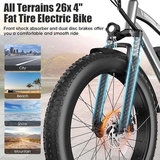Electric Bike for Adults, 1000W Peak 25MPH 60Miles Ebike,48V 13AH Battery Electric Mountain Bike, 26" x 4'' Fat Tire Electric Bicycle with Rear Rack, Fenders, 7 Speed, UL 2849 Certified