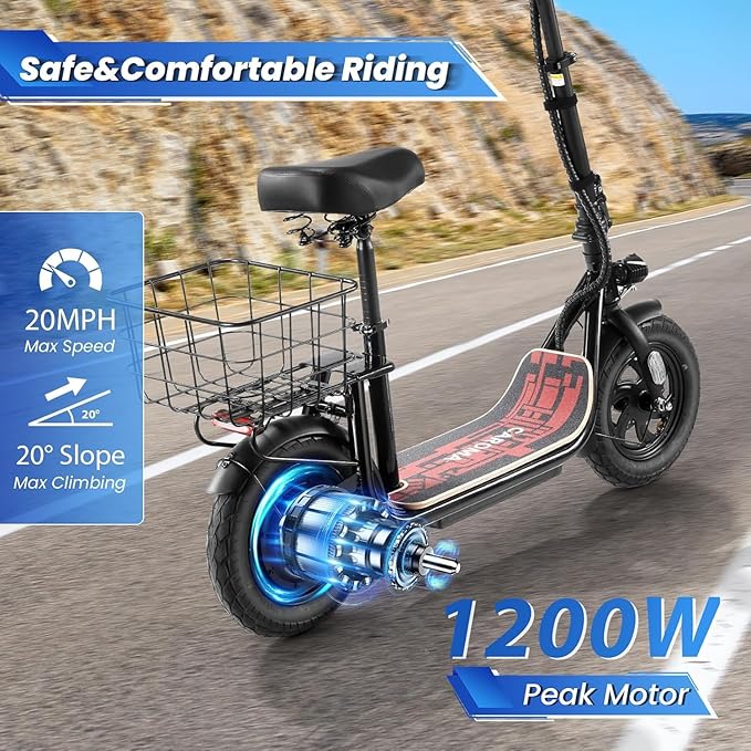 Caroma Peak 1200W/800W Electric Scooter with Seat, 30 Miles Max Range, Electric Scooter Adults, Up to 20MPH Foldable Escooter with Basket,Key Start Adjustable E-Scooter