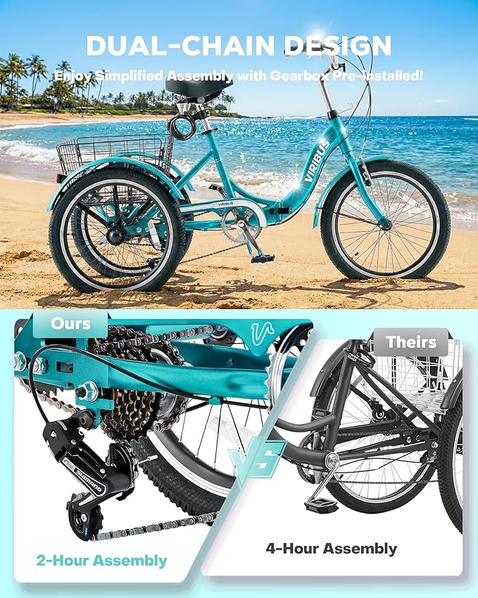 VIRIBUS Folding Tricycle for Adults, 20 inch Foldable Adult Tricycle 1 or 7 Speed Speed with Basket, Folding 3 Wheel Bikes for Adults Senior Women Men, Collapsible Mini Trike, Three Wheeler 330lb.
