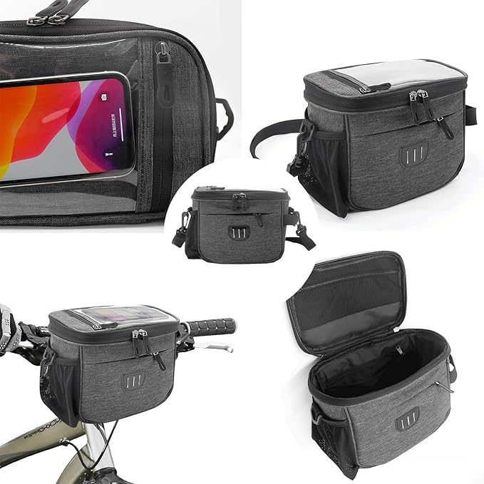 Cycling Handlebar Bag, Waterproof Bike Frame Bag with Touch Screen Phone Holder, Large Capacity, Gray Front Top Tube Storage for Road Bike & MTB (9"x7" / 22x17 cm)