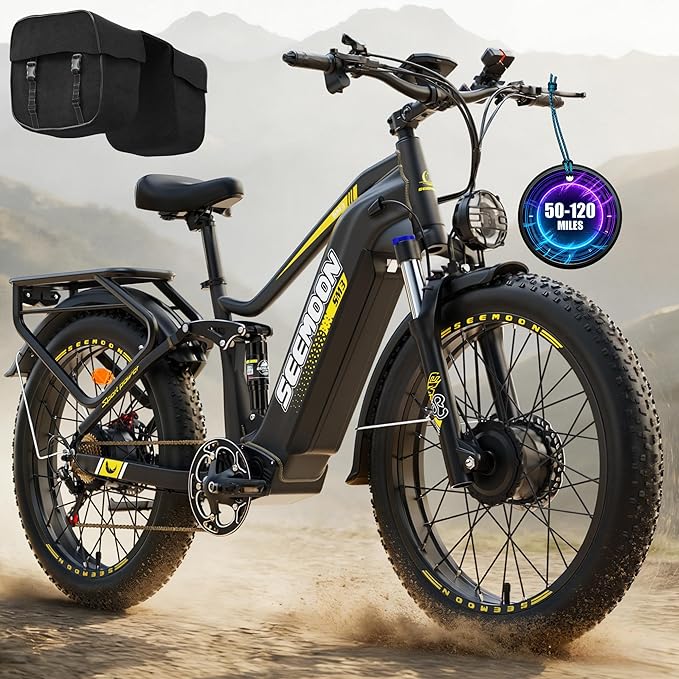 Seemoon 6000W Dual Motor Ebike Up to 120 Miles Long Range with 60V 30Ah 1800Wh Removable Battery for Adults,Max Speed 45MPH,24" Fat Tire All Terrain Electric Bike with Throttle Lock for Men Women SM3