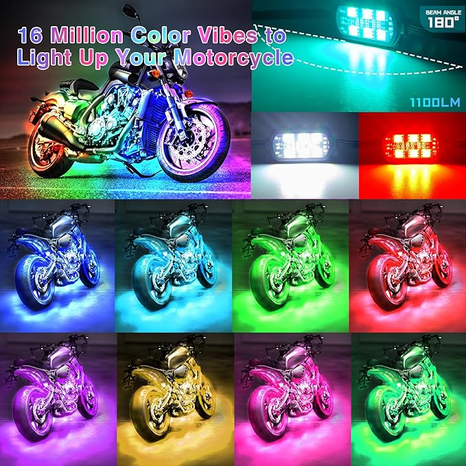 12PCS Motorcycle RGB LED Accent Lights with APP & RF Remote, Waterproof Frame & Engine Underglow Pods with Brake Turn Signal, 12V for Harley, Cruiser, Street, Sport Bike, Dirt Bike