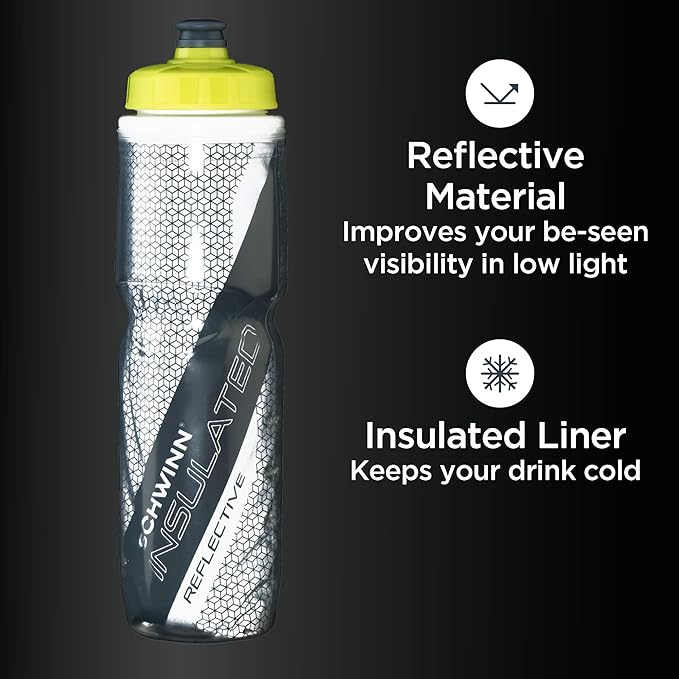 Schwinn Reflective Insulated Water Bottle with Holder for Bicycle, 26 oz, BPA-Free, Dual-Stage Nozzle, Easy Squeeze, Cage Easily Mounts to Bike, Night Visibility, Bike Water Bottle Holder Combo