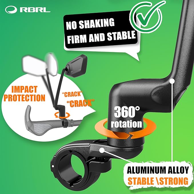 RBRL Bicycle Mirror, Aluminum Alloy Bike Mirror Handlebar Mount, Anti-shake & Break-proof, Foldable HD Real Glass Rotatable Ebike Accessories, Bike Rear View Mirror for Ebike Scooter (Left)