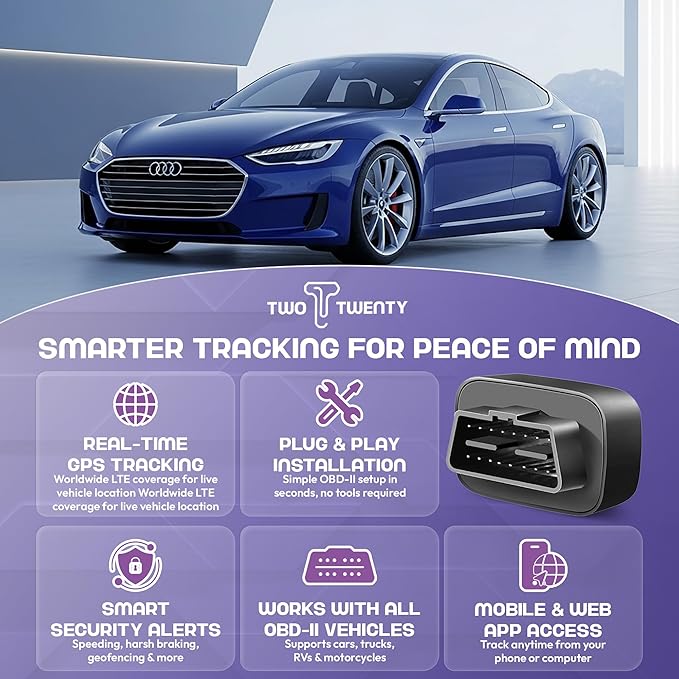 TWO TWENTY TT-01 GPS Tracker for Vehicles – Plug & Play OBD-II, Real-Time Tracking via Mobile App, Smart Alerts, Fleet Management, Worldwide Coverage, Subscription Required