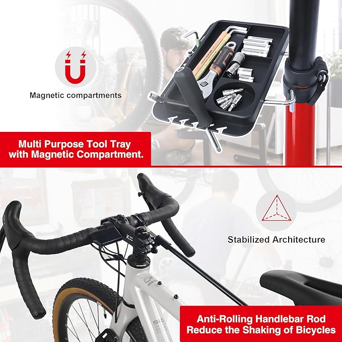 Bike Repair Stand (Max 132 lbs) - Foldable Bike Stand for Maintenance of Road Bike & Mountain Bike,Bicycle Repair Stand for E-bikes with Super-strong Tube,Height Adjustable Portable Bicycle Heavy Duty Mechanics Workstands (Red（MAX LOAD:132LBS）)