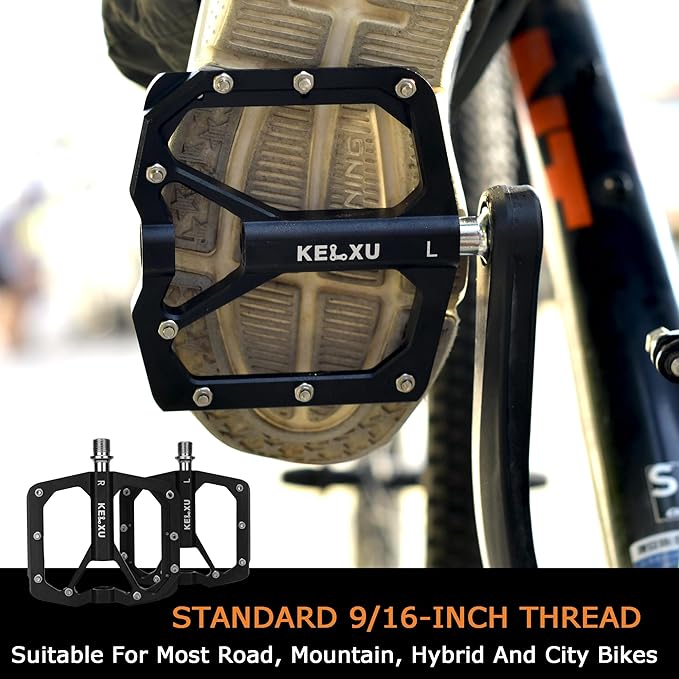 Mountain Bike Pedals 9/16", 3 Sealed Bearings Non-Slip Bicycle Pedals Aluminum CNC Machined Wide Flat Pedals for Road Bike MTB