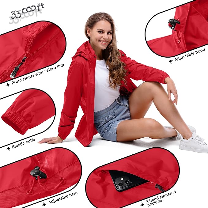 33,000ft Women's Rain Jacket Waterproof Lightweight Packable Raincoat with Hood for Golf Hiking Travel Windbreaker
