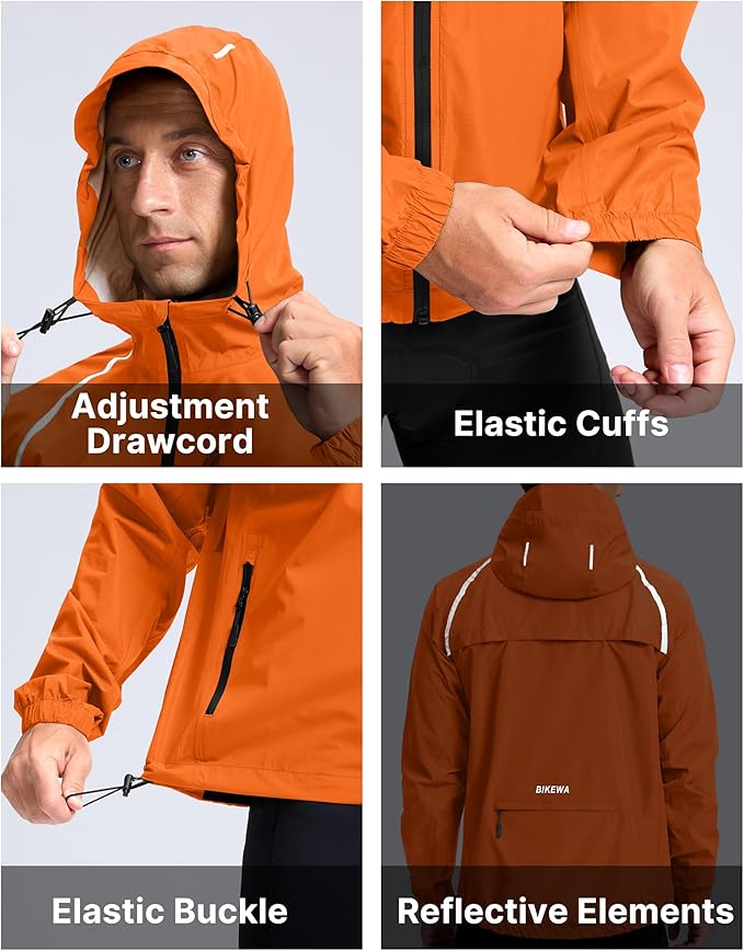 Bikewa Men's Cycling Rain Jackets Waterproof Running Bike Windbreaker Lightweight Packable Hooded Jacket