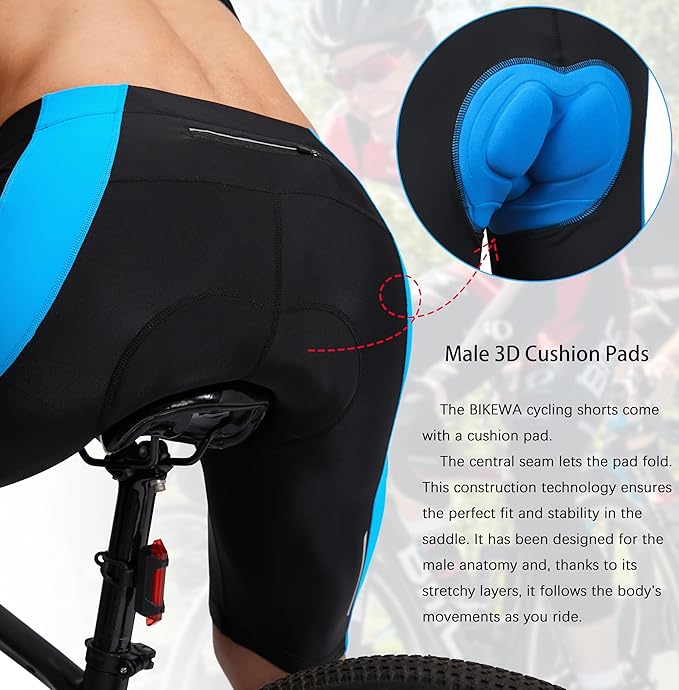 Bikewa Men's Bike Shorts 3D Padded Cycling Road Biking Mountain Riding Biker Bicycle UPF 50+ Cycle Shorts Zipper Pockets