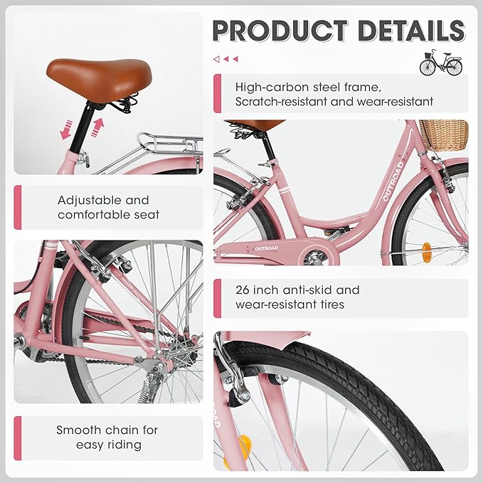 Outroad Comfort Bike for Women, 24/26 Inch Commuter Bicycle for Adult Men and Women, High-Carbon Steel Comfortable City Bikes with Rear Rack or Basket
