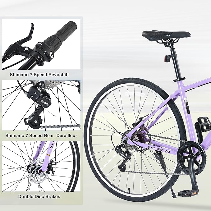 7 Speed Hybrid Bike, Aluminum Alloy Frame, Double Disc Brakes, 700C Road Bike, Fast Acceleration, Suitable Aerodynamic Riding Position for Men and Women City Bicycle