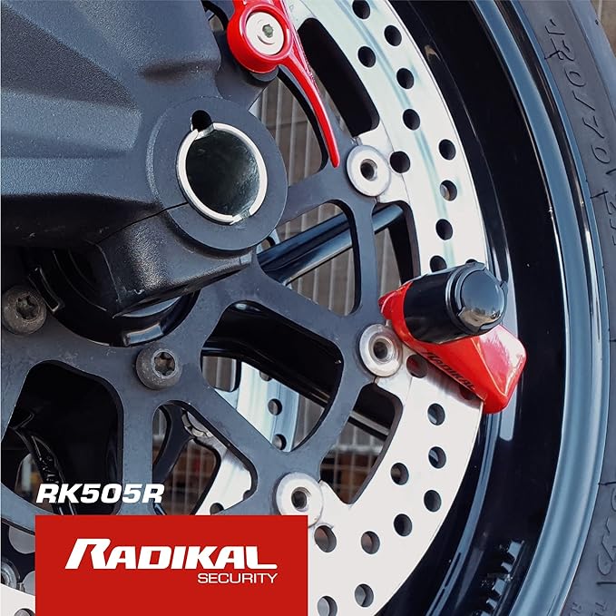 RADIKAL RK505R Disc Lock, More Compact, Lightweight and Portable, Highly Deterrent Red Color, 5.5mm Steel Locking Pin, Universal Anti Theft Wheel Brake Lock for Motorcycle Scooter Electric Bike