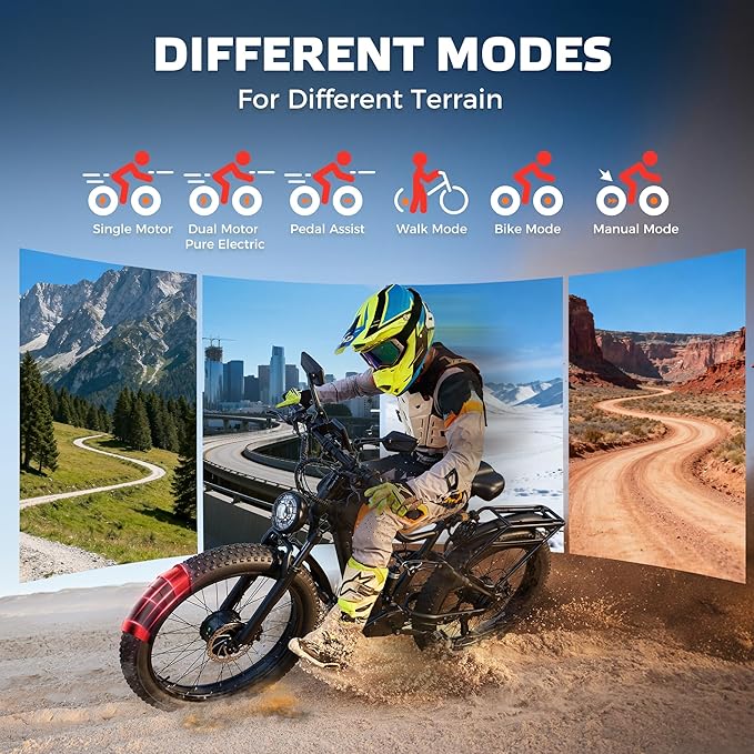 EcoE 6000/7000W Dual Motor Electric Bike for Adults 52MPH Charge Voltage 63 V32A, 26x4 Fat Tire All Terrain Ebikes, Full Suspension E Bike, SHM 7-Speed Gear Electric Bicycle