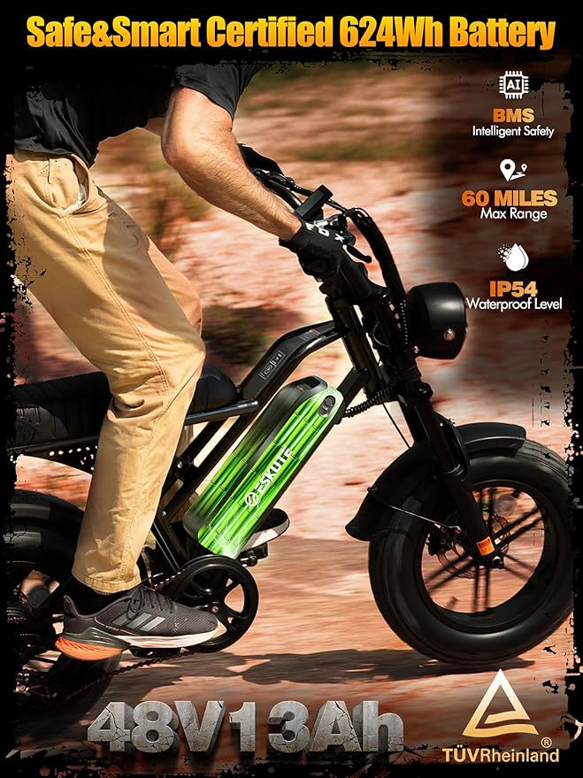 ESKUTE V100 Electric Bike for Adults, Electric Dirt Bike 1500W Peak Motor, All Terrain Dual Suspension E Bike 28MPH Top Speed, Ebike Up to 60 Miles Range, 16" Fat Tire, 48V13Ah Battery, 7-Speed