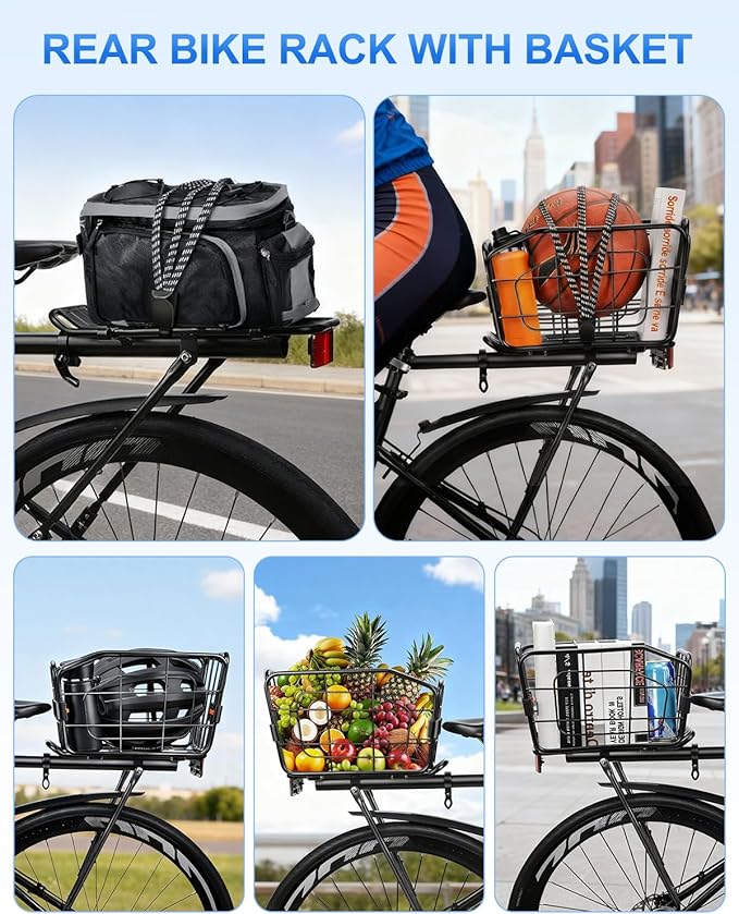 Rear Bike Basket, Aluminum Bike Cargo Rack, 22L Capacity Bicycle Basket, Foldable & Removable for Adult Bikes (Tube≤34mm), 165lbs Capacity, Includes Reflector & Bungee Cords