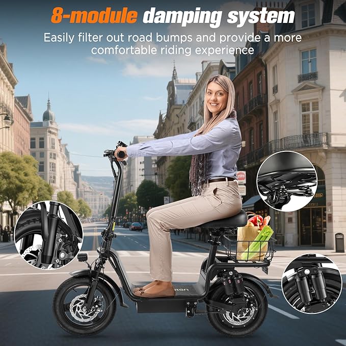 Electric Scooter Adults, 1300W/900W Peak Motor, Electric Scooter with Seat, 48V 13Ah/10.4Ah Battery, 14" Tires, 35/28 Miles Range, 20 MPH, 330 LBS Load, Dual Braking