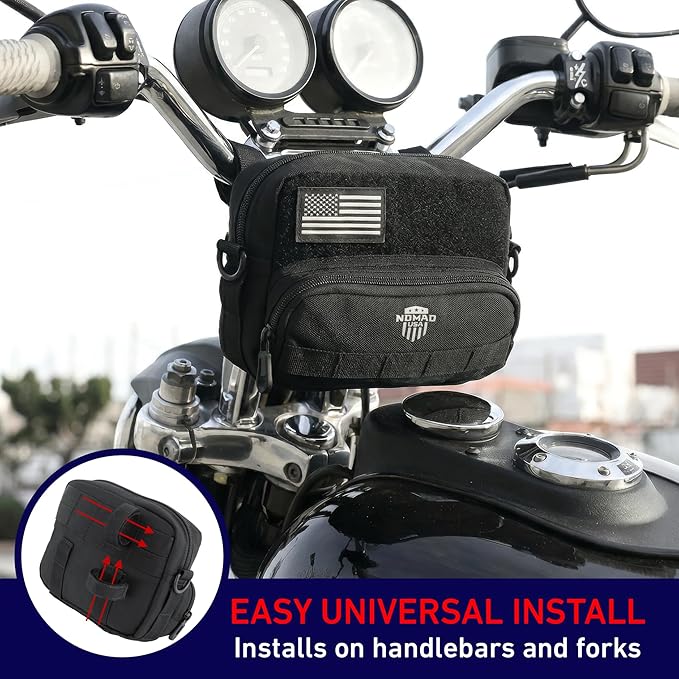 Nomad Motorcycle Handlebar Bag Universal Fit Bike Fork Bag Converts to Shoulder Carry Bag, Keys/Phone/Wallet Storage Tool Pouch w/Roll Bag Straps for Cruisers, Dirt Bike, Street Sportsbike (Black)
