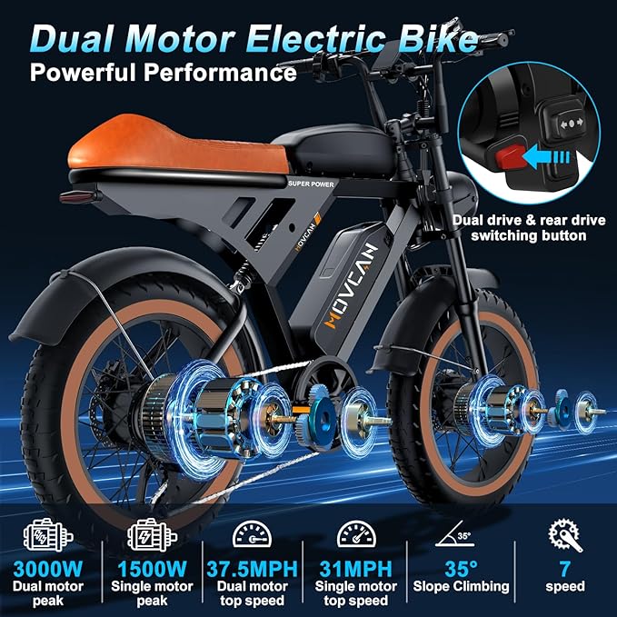 MOVCAN V30 Series Electric Bike for Adults, 3000W/1500W/1000W Motor, 20" Fat Tire Ebike, 37.5MPH/32MPH/28MPH, 120/70Miles, 48V 40Ah/31.2/15.6Ah Dual Battery Motorcycle Ebike for Commuting/Off-roading