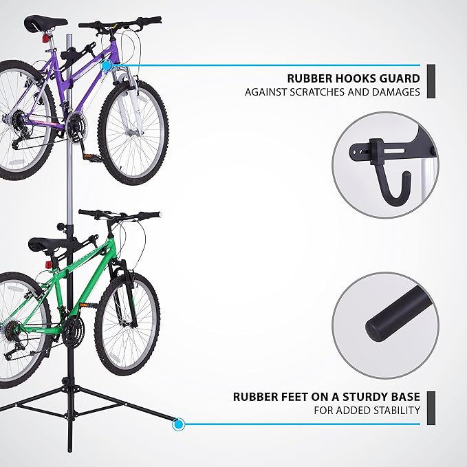 RaxGo Bike Garage Storage Rack, 2 Bicycle Garage Floor Stand, Foldable, Freestanding, Adjustable Hooks, For Mountain & Road bicycles, Universal For Indoor Use