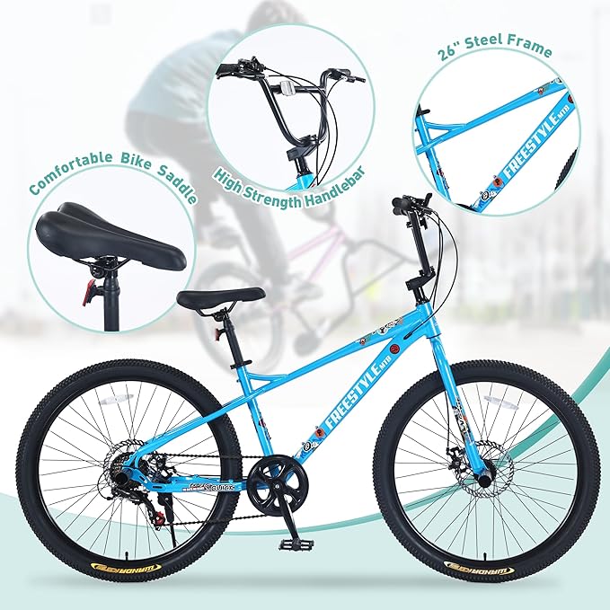 Freestyle Teen Bike Double Disc Brakes 26 inch BMX Bike High-Aluminum/Carbon Steel Frame, for for Teen Bike and Adult Bikes, with 2 Pegs, Bicycles for Men and Women, Multiple Colors
